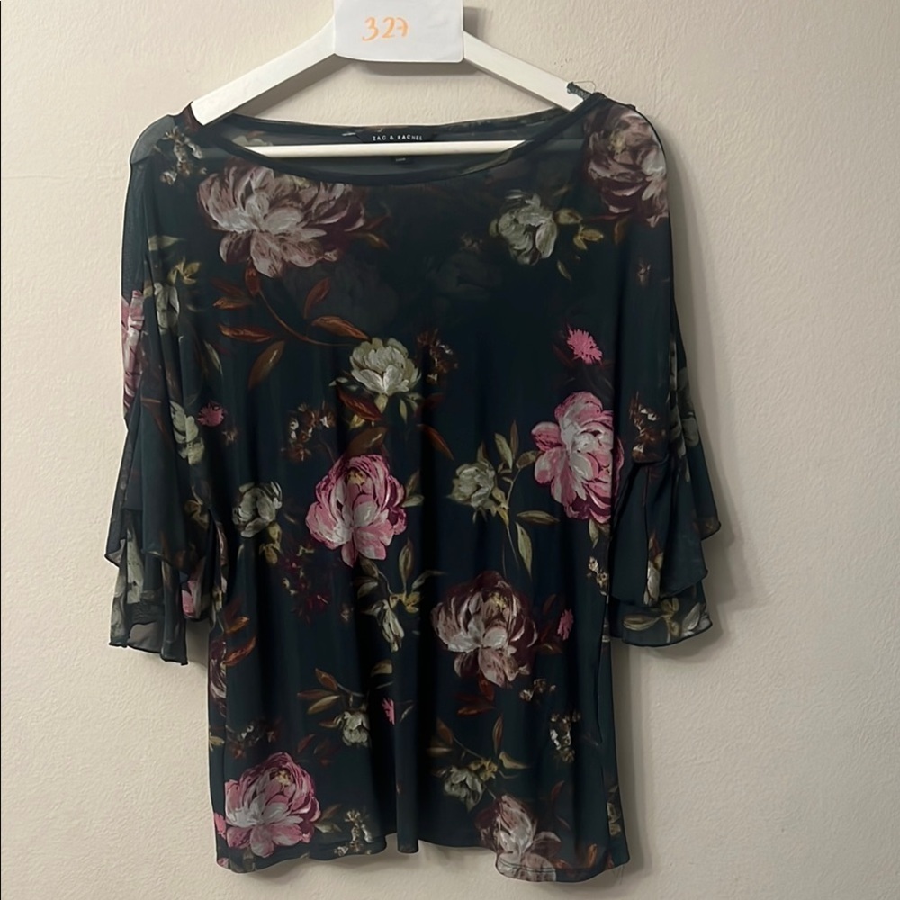 Zac & Rachel Green and Pink Flutter Sleeve Blouse inner tank top size S